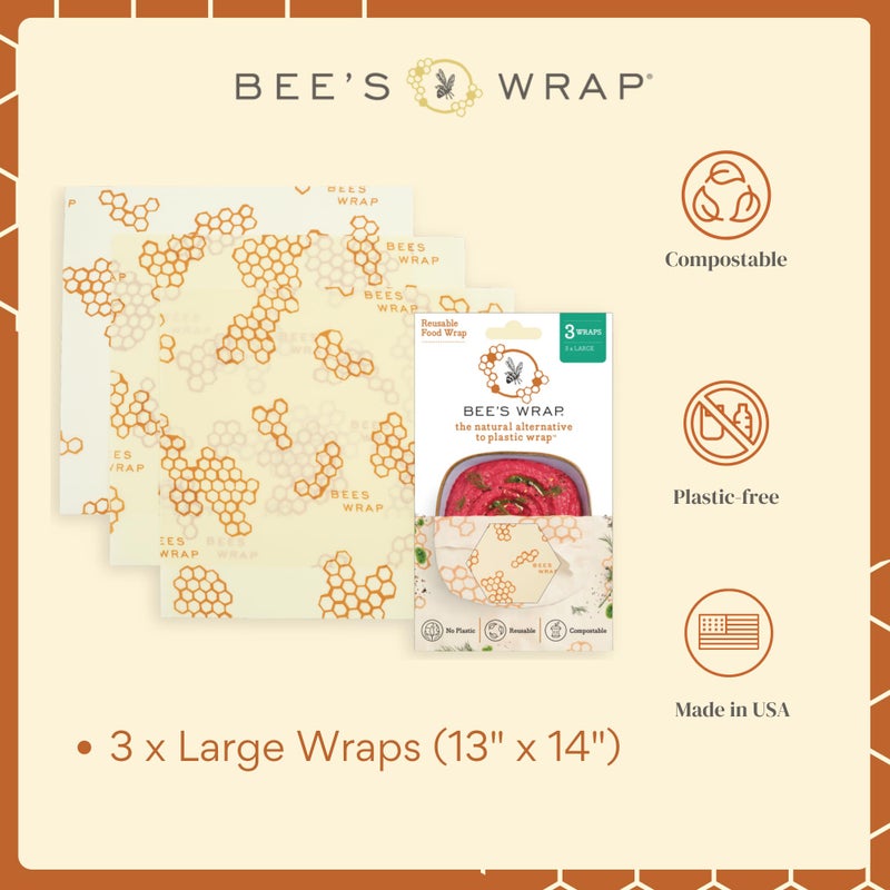 Bee's Wrap Beeswax Wraps for Food - Honeycomb Large 3 Pack Made in USA Reusable & Organic Food Wraps, Sandwich Wrap & Bowl Covers - Eco-Friendly Alternative to Aluminum Foil & Plastic Wrap - Image 3